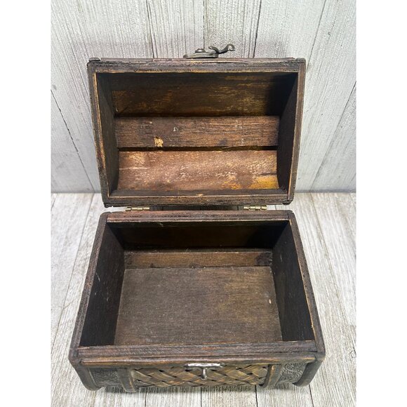 Vintage Jewelry Trinket Treasure Box Wood Wicker Rattan Hinged Lid w/ Top Handle - Picture 6 of 10